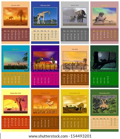 Safari animals english calendar for 2014 in colorful background