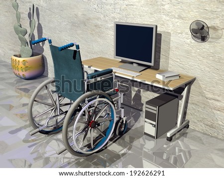 One wheelchair in front of office desk with computer