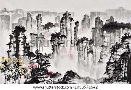 Chinese traditional distinguished gorgeous decorative hand-painted ink landscape famous tourist sites 
Zhangjiajie