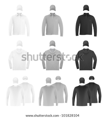 Template Set: Long Sleeve Blank Polo T-Shirts And Hats. Stock Vector ...