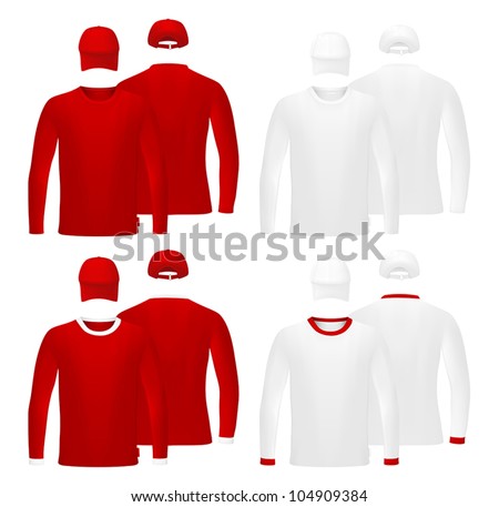 Template Set: Long Sleeve Red Blank T-Shirts And Hats. Stock Vector ...