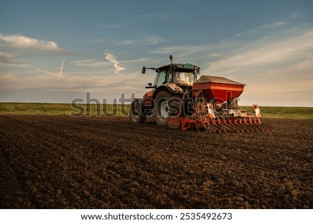 Image, Stock Photo a tractor with a plow from above