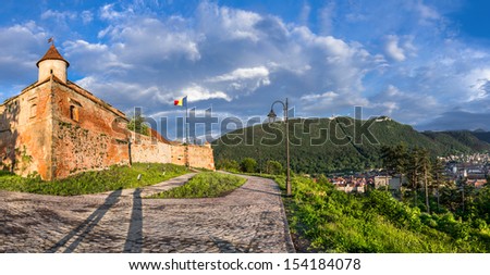 Panoramic view of Brasov with its outer fortification system (Transylvania, Romania)
