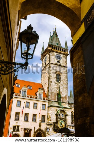 Old clock tower, in Stare Mesto. The tower was added in 1354, in gothic style, in the old center of Prague city of Czech Republic