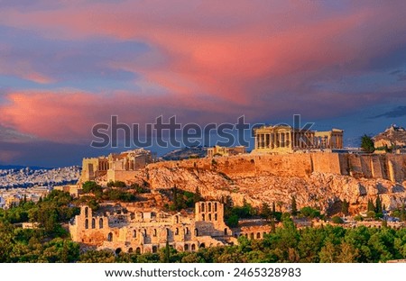 Similar – Image, Stock Photo The Acropolis of Athens is an ancient citadel located on a rocky outcrop above the city which contains the ruins of many ancient buildings of great architectural and historic significance, including the Parthenon.