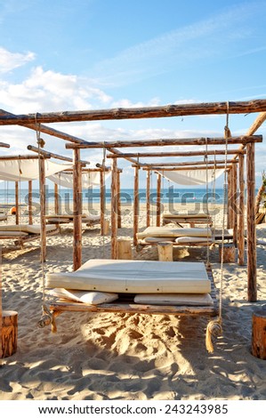 blue sky and sand sunny beach with suspended beds
