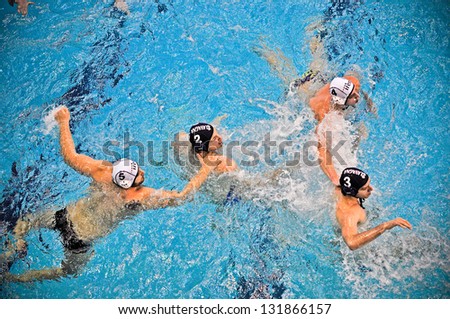 TURIN - MARCH 16: Game\'s action between unidentified players during the water polo match between Torino81 and Lavagna90, on March 16, 2013 Turin, Italy.