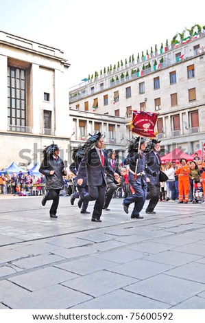 TURIN, ITALY - APRIL 17: Bersaglieri (Marksmen) march in official parade during the 30th National Gathering of Grenadiers on April 17, 2011 in Turin, Italy.