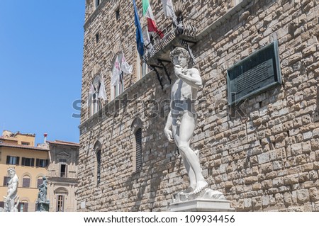 Copy of Michelangelo\'s David statue standing in its original location, in front of the Palazzo Vecchio at Piazza della Signoria in Florence, Italy