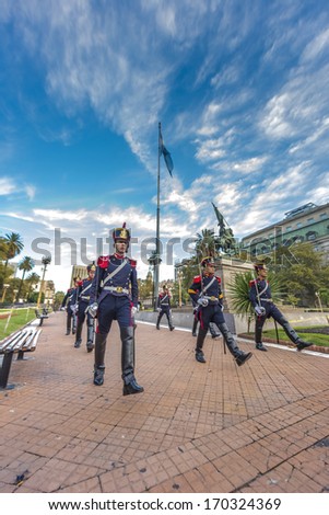 BUENOS AIRES, ARGENTINA - APR 12: Changing of the guard of Horse Grenadiers in Plaza de Mayo on Apr 12, 2013 in Buenos Aires, Argentina.