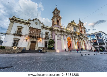 SALTA, ARGENTINA - MARCH 03, 2013: The Cathedral Basilica and Sanctuary of the Lord and the Virgin of the Miracle in Salta, Argentina.