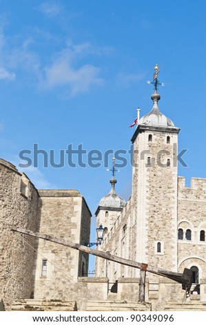 Tower of London on Thames river shore at London, England