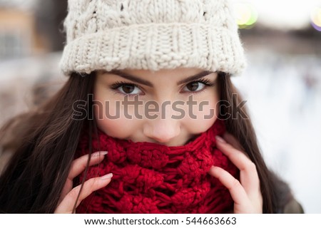 Similar – Image, Stock Photo girl in a winter hat sits on the porch of a Christmas house