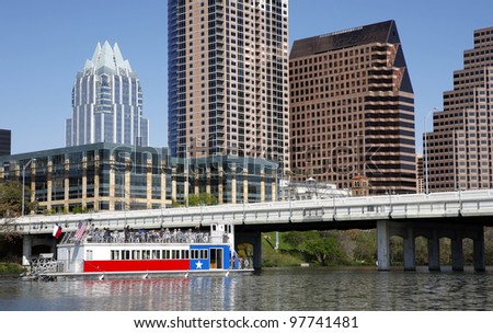 AUSTIN, TEXAS - MAR 9: SXSW 2012 South by Southwest 2012 Annual music, film, and interactive conference and festival on March 9, 2012 in Austin, Texas. Festival is held from March 9-18.   Austin skyline, view from the river