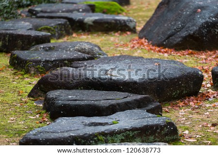 Zen stone path in a Japanese Garden with fallen leaves of maple in-between