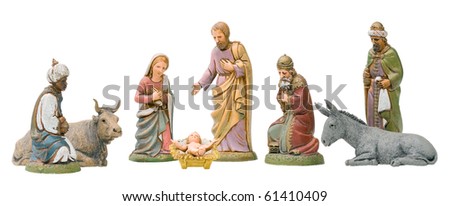 Full set of Nativity figurines, Isolated.