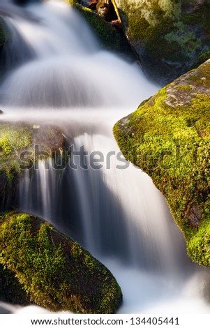 Water falls over a jumble of moss-covered boulders in Great Smoky Mountains National Park, Tennessee, USA.
