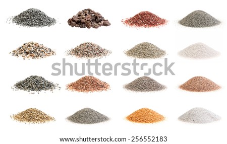 Set photos of decorative soil and sand isolated from different parts of the world on a white background.