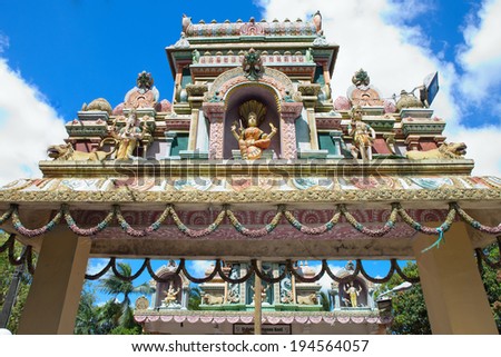 MAURITIUS-JANUARY 04: Architecture details of traditional Hindu temple on January 04, 2014 in Mauritius island. Hinduism is a major religion in Mauritius, representing 49% of the total population