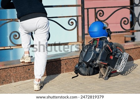 Similar – Image, Stock Photo man resting while riding a bicycle on a mountain road