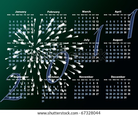 Calendar for the new year with fireworks on the  green background