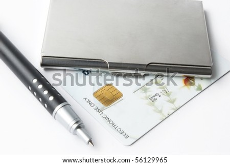 business card holder case with pen on white