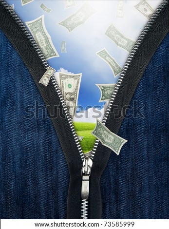 Zipper and falling money. Luck in business concept