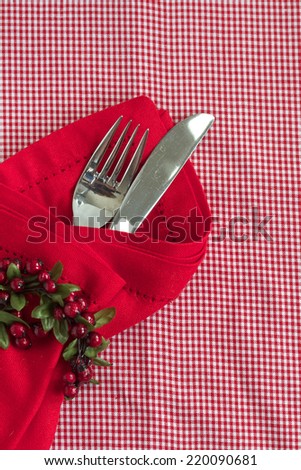 Christmas table place setting won red checked gingham