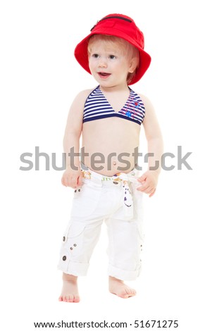 Baby girl in a bathing suit and red panama  isolated on white