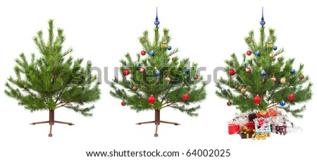 three photos of the Christmas tree for the subsequent animation isolated on white