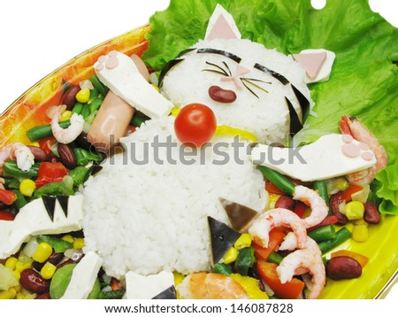 creative food with rice and vegetables cat form
