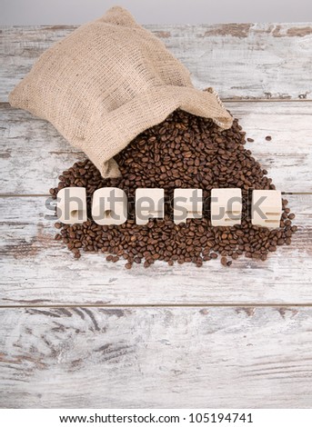 Coffee letters on vintage wood background with space for your text