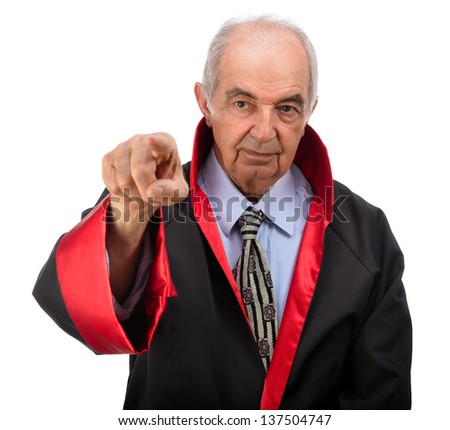 Senior judge pointing out space for your text isolated on white background