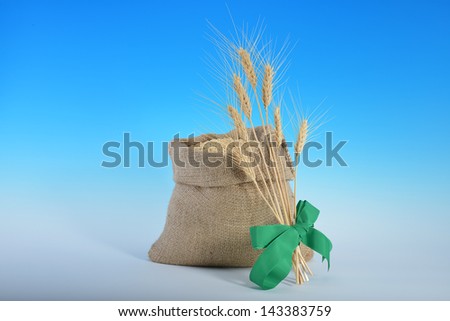 Wheat ears over sacks of wheat grains with space for your text