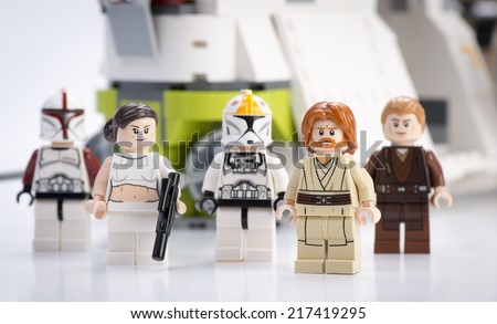 Ankara, Turkey - April 24, 2014: Lego Star Wars Republic Gunship minifigures Obi-Wan Kenobi, Anakin Skywalker, Padma Amidala, Clone Trooper Captain, Clone Trooper