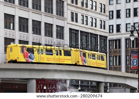 DETROIT, MI-MAY, 2015:  Detroit People Mover, an above ground subway with a Detroit Tigers logo on the side of the car.