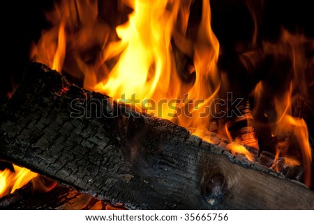 Charred wood burning in a fire
