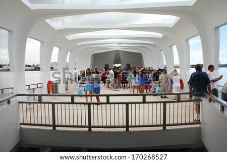 PEARL HARBOR, OAHU, HAWAII - SEPTEMBER 20: People visit USS Arizona Memorial on September 20, 2012 in Pearl Harbor, USA. Memorial marks resting place of sailors and Marines killed by Japanese