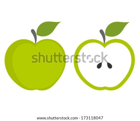 Green apple - whole and cut fruit. Vector illustration