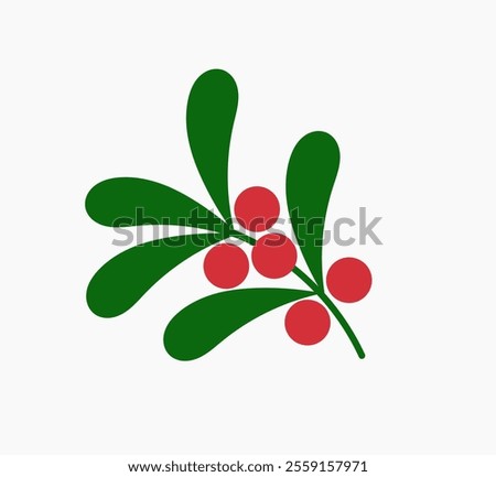 Mistletoe branch with red berries Christmas plant symbol. Holly design element. Vector illustration.