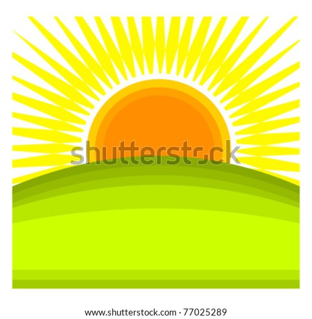 Sun Rising Behind Green Hill Horizon. Vector Illustration - 77025289 ...