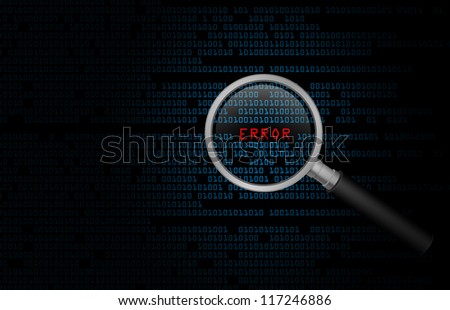 Computer error found in binary code with a search magnifying glass