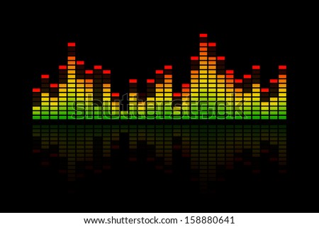 Electronic music equalizer bar, representing music, beat or sound. With a reflection and on a black background.