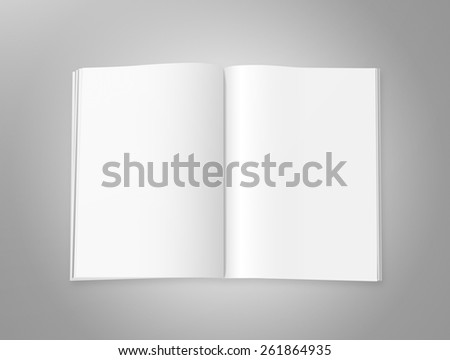 Blank magazine with double spread pages, on a gray background with shadows.