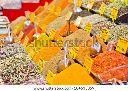 Tea and spices on an Egyptian market of Istanbul, Turkey