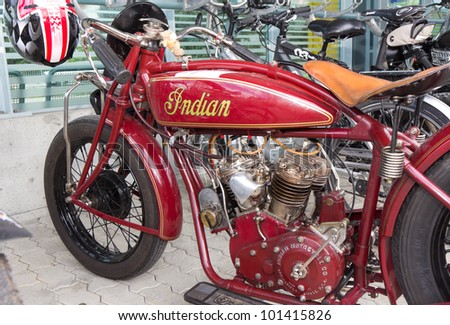 MUTSCHELLEN, SWITZERLAND-APRIL 29: Vintage motorbike Indian Scout-Racer from 1926 on display at Grand Prix in Mutschellen, SUI on April 29, 2012.  Invited were vintage sports cars and motorbikes.