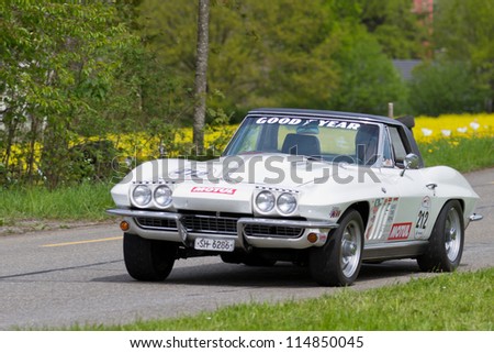 MUTSCHELLEN, SWITZERLAND-APRIL 29: Vintage race touring car Chevrolet Corvette Sting Ray  from 1966 at Grand Prix in Mutschellen, SUI on April 29, 2012.  Invited were vintage sports cars and.