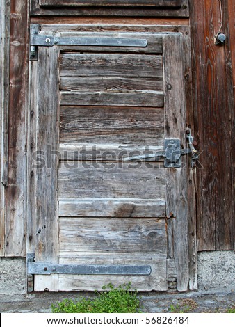 old wooden withered shed door with weeds in front