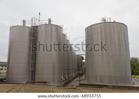 rows of large steel tank vessels  on a factory yard for storing liquids industrial style