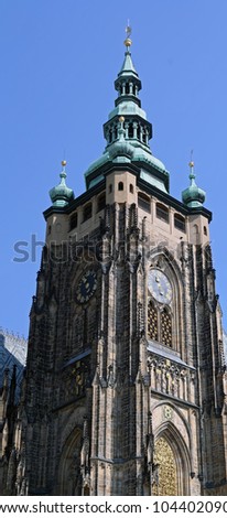 Stitched Panorama of catholic church. Catholic church tower.
